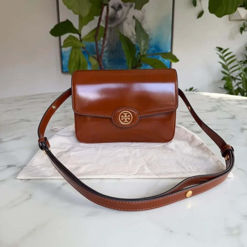 Tory Burch Robinson Spazzolato Leather Shoulder Bag Dark Sienna Brown Patent